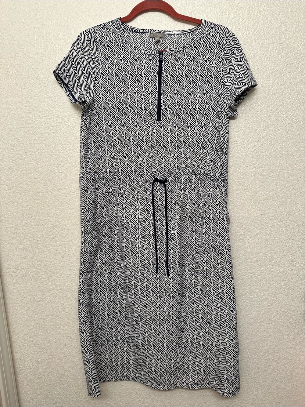 Talbots Navy and White Geometric Drawstring Midi Dress